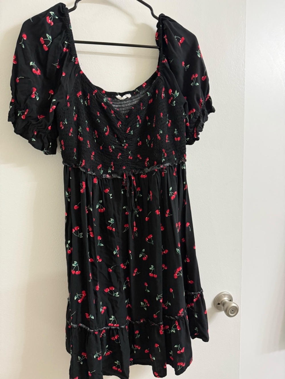 Black Cherry Print Puff Sleeve Dress
